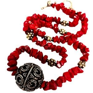 Vntg Red CORAL Necklace 17" STERLING SILVER Beads Asian Art Deco Modern Preppy